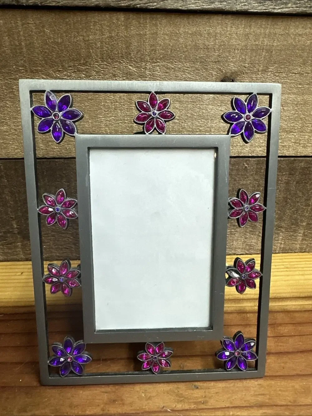 Metal Picture Frame Purple Pink Gem Flowers Holds 4.5x3” Photo